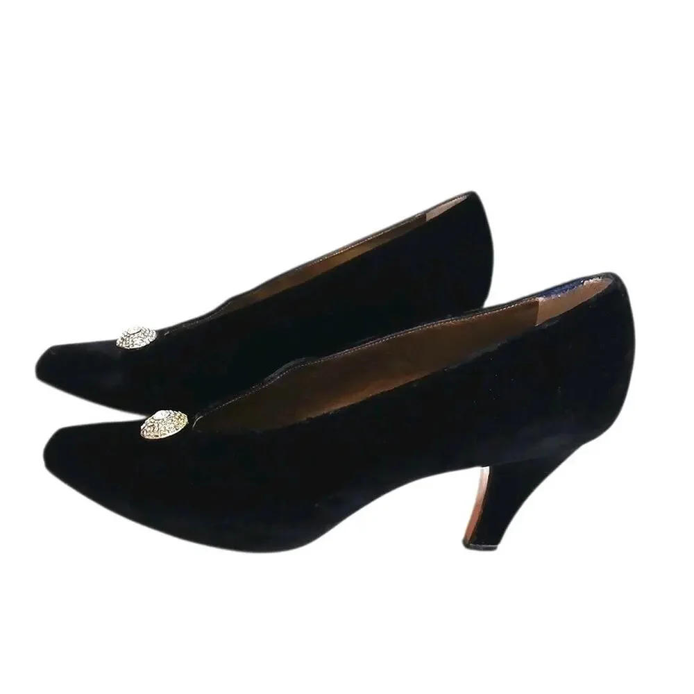 Yves Saint Laurent Black Velvet Jeweled Pointed Toe Heels Size 9.5 Party Vintage - Picture 8 of 16